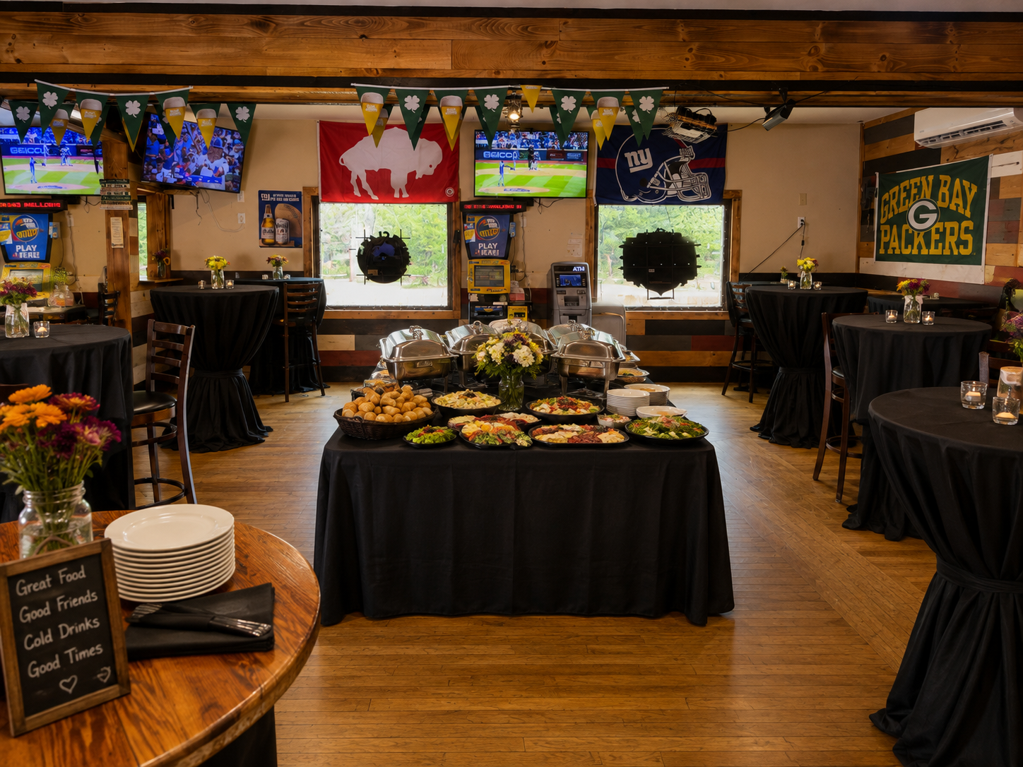 A catered buffet spread at Stinsons Hub