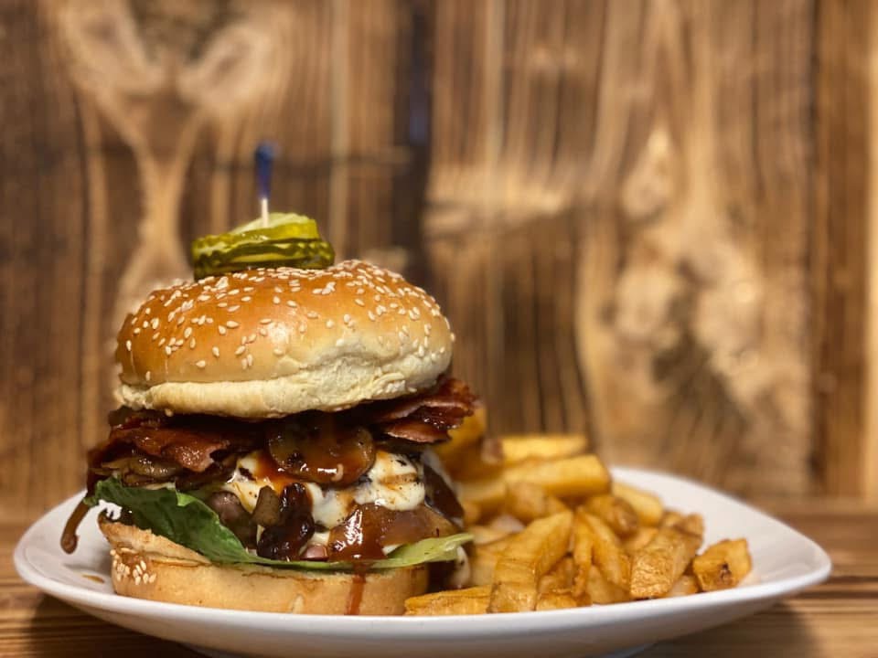 Bacon jam burger with fries