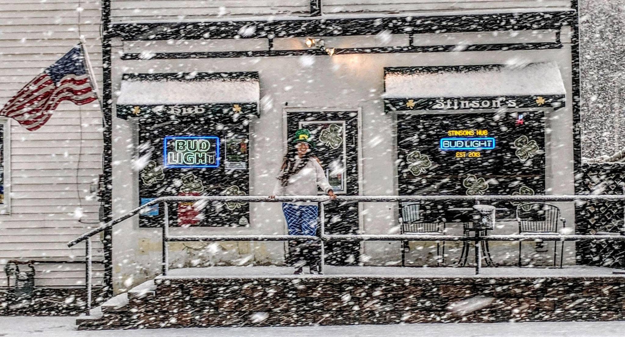 The Stinsons Hub storefront in the snow